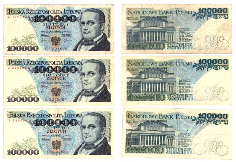 100.000 złotych 1990 - Zestaw serie C, U, Y Zestaw przyjemnych wizualnie obiegow...