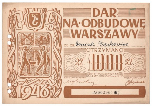 Dar na odbudowę Warszawy, cegiełka na 1.000 złotych 1946 Dużej rzadkości wysokon...