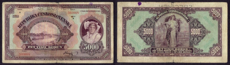 Czechosłowacja, 5.000 koron 1920 - WZÓR Ser. A Perforowany napis 'SPECIMEN' na g...