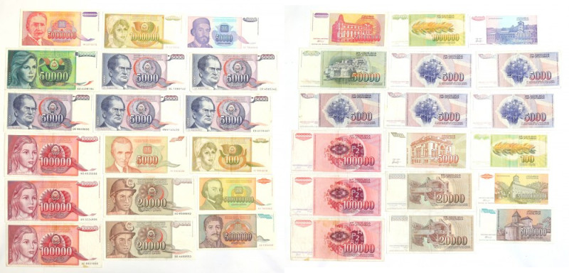 Jugosławia, Zestaw banknotów Duży zestaw banknotów, różne nominały, stany zachow...