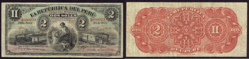 Peru 2 soles rok 1879 Obiegowy stan zachowania rzadszego banknotu 
Grade: VF