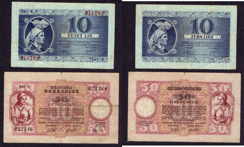 Słowenia, 10, 50 Lirów 1944 Ciekawy zestaw rzadkich banknotów, Ładne obiegowe st...