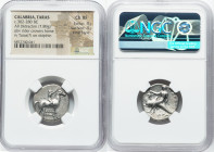 CALABRIA. Tarentum. Ca. 302-281 BC. AR didrachm (21mm, 7.89 gm, 1h). NGC Choice XF 4/5 - 4/5, Fine Style. Philiarchus, Sa-, and Aga-, magistrates. You...