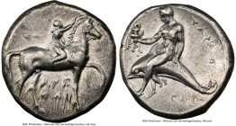 CALABRIA. Tarentum. Ca. 302-281 BC. AR didrachm (21mm, 7.90 gm, 7h). NGC XF 4/5 - 2/5, graffiti. Arethon, Sa-, and Cas-, magistrates. Youth on horseba...