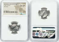 LUCANIA. Metapontum. Ca. 340-330 BC. AR stater (18mm, 7h). NGC Choice VF. Veiled head of Demeter right, wearing barley wreath, pendant earring, and ne...