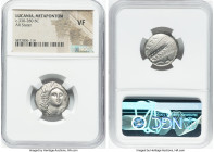 LUCANIA. Metapontum. Ca. 330-280 BC. AR stater (20mm, 8h). NGC VF. Head of Demeter, facing slightly right, wearing stephane with rosette and necklace,...