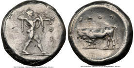 LUCANIA. Poseidonia. Ca. 470-420 BC. AR stater (18mm, 7.68 gm, 2h). NGC Choice VF 5/5 - 2/5, brushed. ΠΟΣE, Poseidon striding right, nude but for chla...