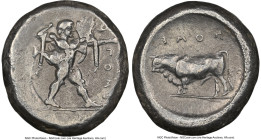 LUCANIA. Poseidonia. Ca. 470-420 BC. AR stater (18mm, 7.34 gm, 11h). NGC Choice VF 4/5 - 2/5, overstruck. ΠΟΣE, Poseidon striding right, nude but for ...