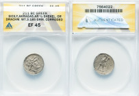 SICILY. Acragas. Ca. 213-211 BC. AR half-shekel or drachm (18mm, 3.18 gm, 1h). ANACS XF 45, corroded. Punic standard. Second Punic War, under Carthagi...