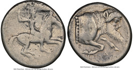 SICILY. Gela. Ca. 490-475 BC. AR didrachm (21mm, 8.08 gm, 2h). NGC Choice Fine 4/5 - 2/5, marks. Horseman, nude save for pileus, on horse galloping ri...