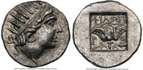 CARIAN ISLANDS. Rhodes. Ca. 88-84 BC. AR drachm (14mm, 11h). NGC Choice XF. Plinthophoric standard, Philon, magistrate. Radiate head of Helios right /...
