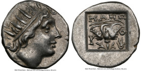 CARIAN ISLANDS. Rhodes. Ca. 88-84 BC. AR drachm (14mm, 11h). NGC XF. Plinthophoric standard, Maes, magistrate. Radiate head of Helios right / MAHΣ, ro...