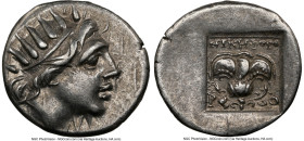 CARIAN ISLANDS. Rhodes. Ca. 88-84 BC. AR drachm (15mm, 11h). NGC XF. Plinthophoric standard, Nicephorus, magistrate. Radiate head of Helios right / NI...