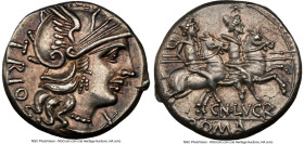 Cn. Lucretius Trio (ca. 136 BC). AR denarius (17mm, 3.95 gm, 12h). NGC Choice AU 5/5 - 5/5. Rome. TRIO, head of Roma right, wearing pendant earring, b...