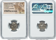 M. Fannius C. f. (ca. 123 BC). AR denarius (18mm, 3.93 gm, 12h). NGC Choice XF 5/5 - 4/5. Rome. ROMA, head of Roma right, wearing pendant earring, bea...