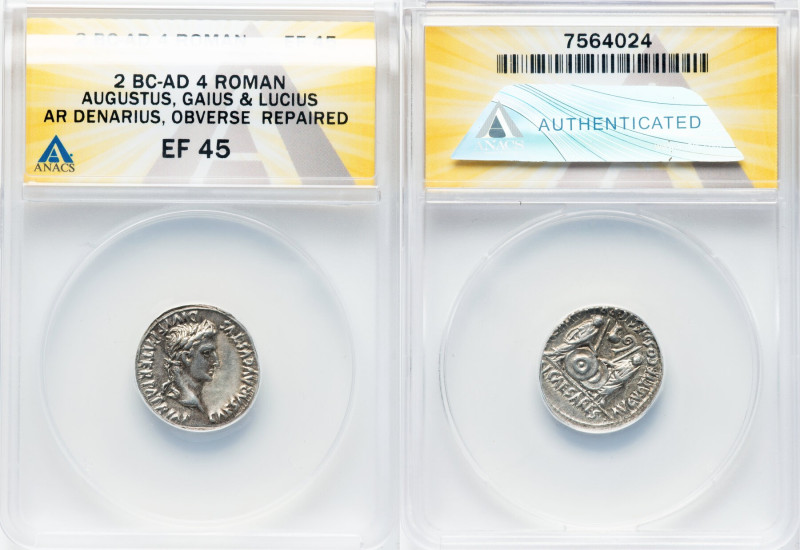 Augustus (27 BC-AD 14). AR denarius (19mm, 2h). ANACS XF 45. Lugdunum, 2 BC-AD 4...