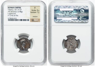 Tiberius (AD 14-37). AR denarius (18mm, 3.48 gm, 12h). NGC Fine 5/5 - 1/5, erosion. Lugdunum, ca. AD 15-18. TI CAESAR DIVI-AVG F AVGVSTVS, laureate he...