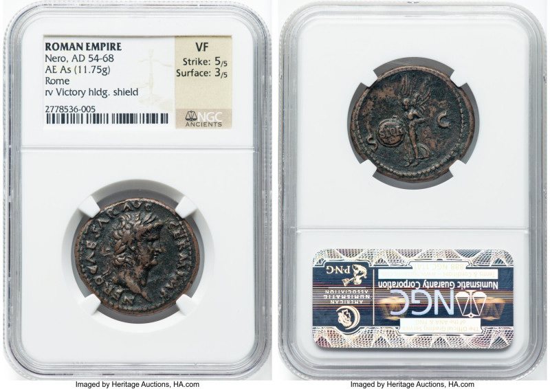 Nero, as Augustus (AD 54-68). AE as (28mm, 11.75 gm, 5h). NGC VF 5/5 - 3/5. Rome...