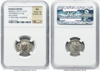 Macrinus (AD 217-218). AR denarius (20mm, 3.15 gm, 12h). NGC AU 5/5 - 3/5. Rome. IMP C M OPEL SEV MACRINVS AVG, laureate, cuirassed bust of Macrinus r...