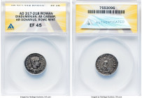 Diadumenian, as Caesar (AD 218). AR denarius (20mm, 12h). ANACS XF 45. Rome. M OPEL ANT DIADVMENIAN CAES, bare headed, draped bust of Diadumenian righ...