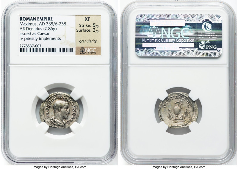 Maximus (AD 235/6-238). AR denarius (21mm, 2.86 gm, 12h). NGC XF 5/5 - 3/5, gran...