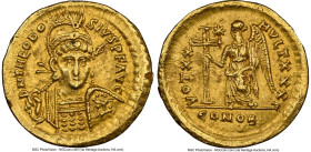 Theodosius II, Eastern Roman Empire (AD 402-450). AV solidus (20mm, 4.33 gm, 12h). NGC AU 5/5 - 2/5, edge bends, marks, edge filing. Constantinople, 3...
