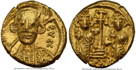 Constantine IV, with Heraclius, and Tiberius (AD 668-681). AV solidus (14mm, 4.33 gm, 7h). NGC Choice AU 4/5 - 4/5, edge marks. Carthage, 8th Indictio...