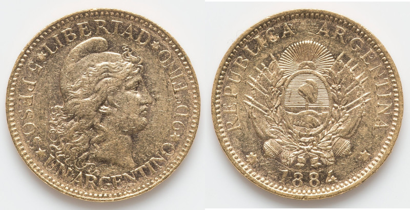 Republic gold Argentino (5 Pesos) 1884 XF, Buenos Aires mint, KM31, Fr-14. 22.0m...