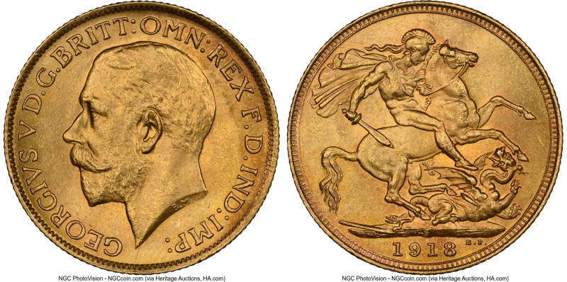 George V gold Sovereign 1918-S MS64 NGC, Sydney mint, KM29, S-4003. HID098012420...