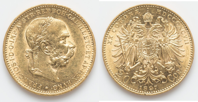 Franz Joseph I gold 20 Corona 1897 AU, Vienna mint, KM2806. 21.0mm. 6.77gm. HID0...