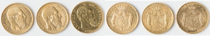 Leopold II 3-Piece Lot of Uncertified Assorted gold 20 Francs, 1) 20 Francs 1868...