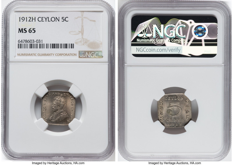 British Colony. George V 5 Cents 1912-H MS65 NGC, Heaton mint, KM108. First year...