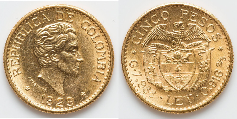 Republic gold 5 Pesos 1929 UNC, Medellin mint, KM204, Fr-115. 22.0mm. 7.95gm. HI...