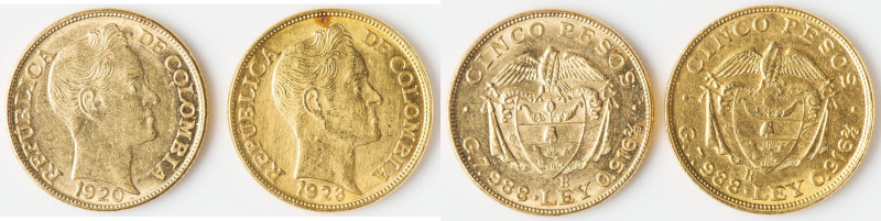 Republic Pair of Uncertified gold 5 Pesos, 1) 5 Pesos 1920-B - AU. 21.8mm. 8.00g...