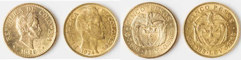 Republic Pair of Uncertified gold 5 Pesos, 1) 5 Pesos 1926 - AU. Medellin mint, ...