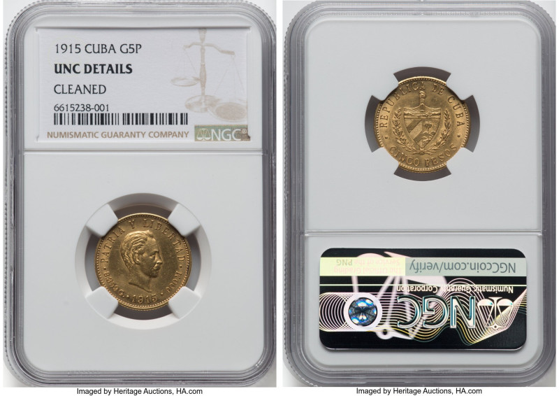 Republic gold 5 Pesos 1915 UNC Details (Cleaned) NGC, Philadelphia mint, KM19, F...