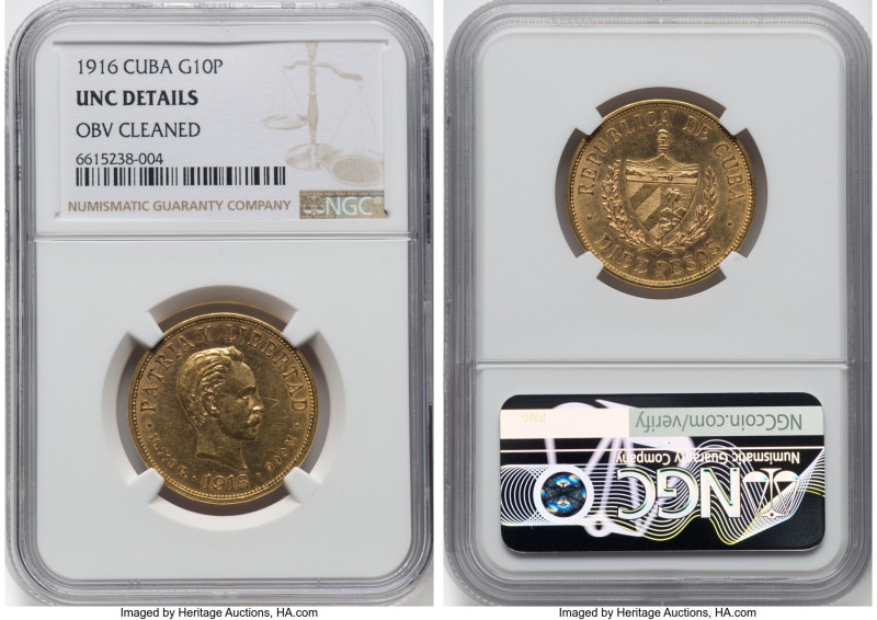 Republic gold 10 Pesos 1916 UNC Details (Obverse Cleaned) NGC, Philadelphia mint...