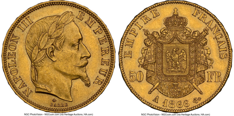 Napoleon III gold 50 Francs 1866-A MS62 NGC, Paris mint, KM804.1, Fr-584. Whirli...