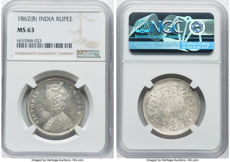 British India. Victoria Rupee 1862-(b) MS63 NGC, Bombay mint, KM473.1. Type A bu...