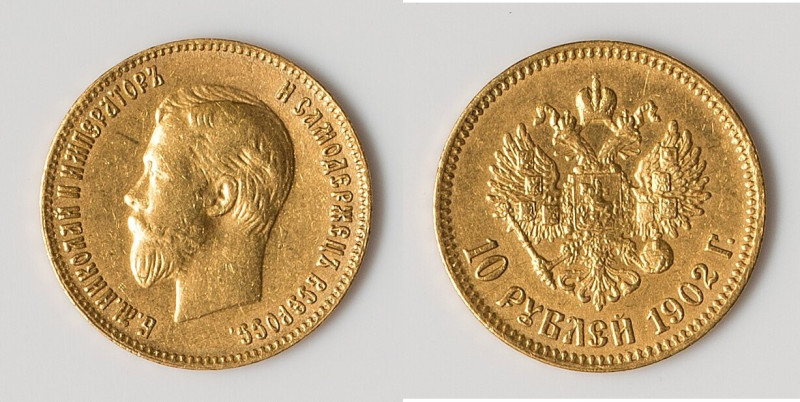 Nicholas II gold 10 Roubles 1902-AP XF (Scratch), St. Petersburg mint, KM-Y64, F...