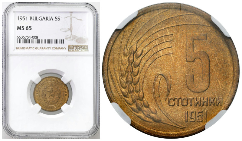 Bulgaria
Bulgaria. 5 stotins 1951 NGC MS65 

Pięknie zachowane.&nbsp;KM 52
...