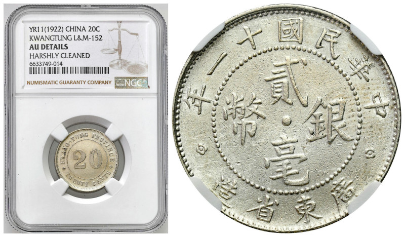 China
China, Quangtung. 20 Cent 1922 (Yr. 11) NGC AU DETAILS 

Moneta w slabi...