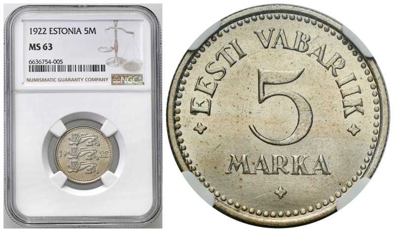 Estonia
Estonia. 5 Marks 1922 NGC MS63 - EXCELLENT 

Pięknie zachowane.KM 3
...