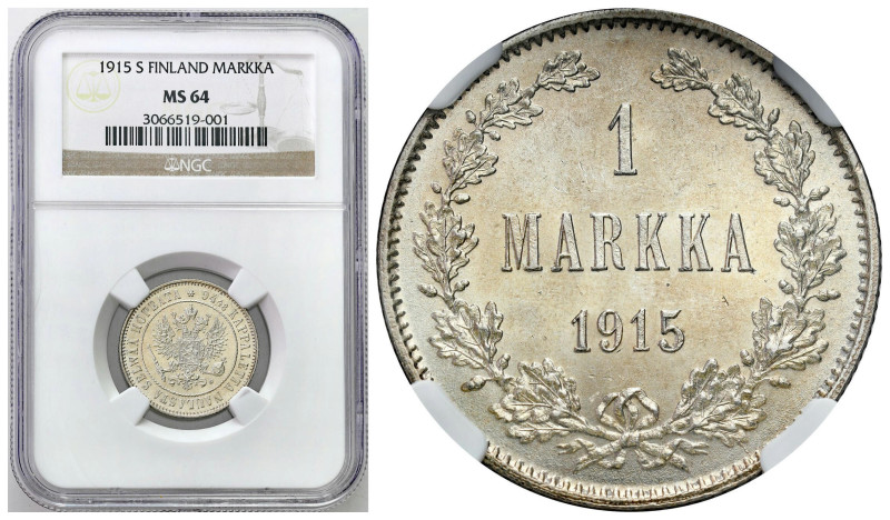 Finland
Russia / Finland. Nicholas II. 1 Mark 1915 S, Helsinki NGC MS64 

Pię...