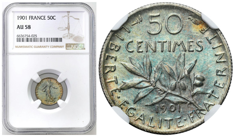 France
France. 50 centimes 1901 NGC AU58 

Piękna, kolorowa patyna.Gad. 420; ...