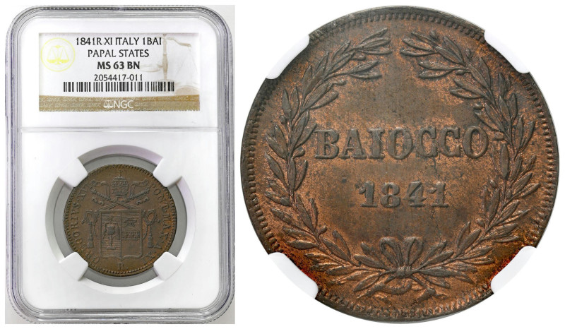 Italy / Vatican
Vatican. Gregory XVI (1831-1846). 1 Baiocco 1841 R, Rome NGC MS...