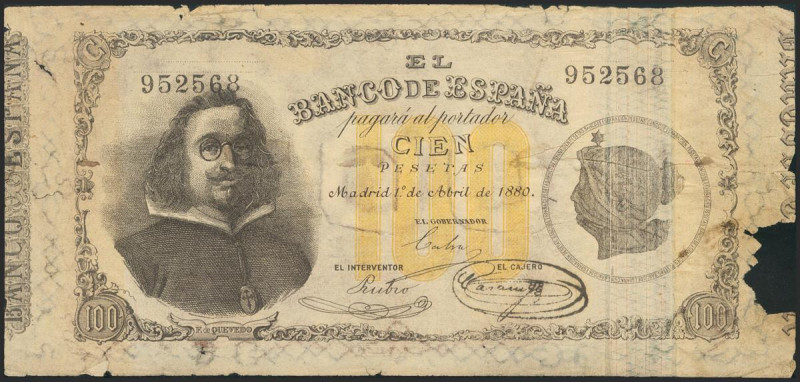 100 Pesetas. 1 de Abril de 1880. FALSO DE EPOCA. Sin serie. (Edifil 2021: 278F)....