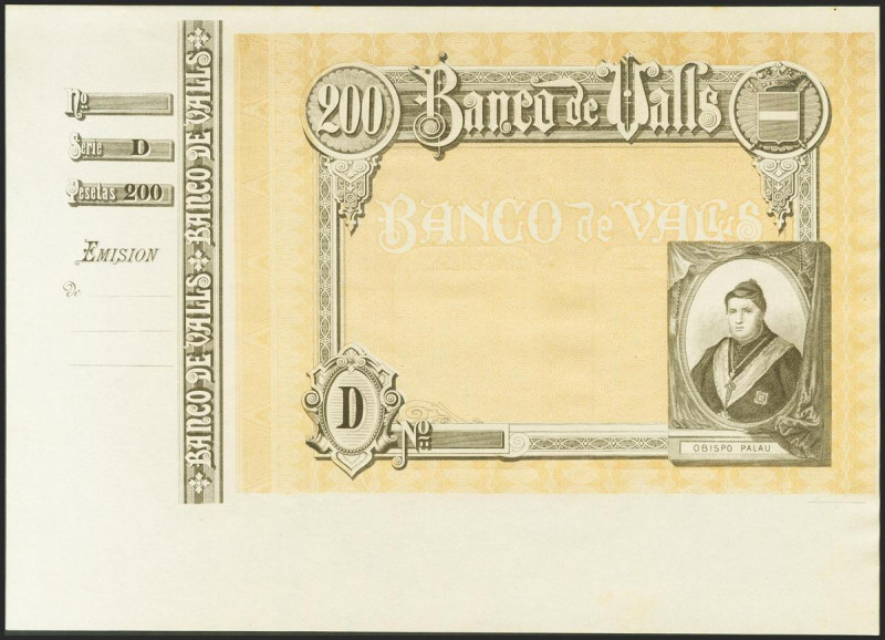 200 Pesetas. (1892ca). Banco de Valls. Prueba de Impresión, con matriz a la izqu...