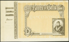 200 Pesetas. (1892ca). Banco de Valls. Prueba de Impresión, con matriz a la izquierda y sin texto. Serie D. (Ruiz y Alentorn: 933). SC-.