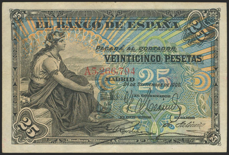 25 Pesetas. 24 de Septiembre de 1906. Serie A. (Edifil 2021: 314a). Apresto orig...